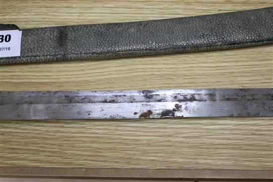 A 19th century Chinese sword, with shagreen and bronze mounted scabbard, the mounts slightly loose, with a fullered steel blade,